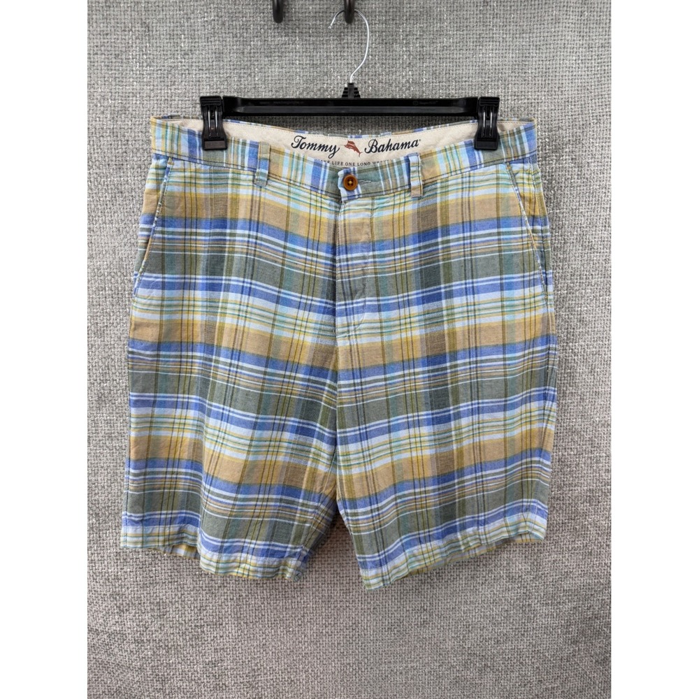 Tommy Bahama Mens Size 35 Fits 36 Flat Front Plaid Linen Tencel Shorts Blue